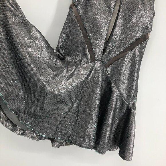 Three Floor Shine On Sequin Dress in Silver Mint Zippers + Mesh Cutouts size 6 - Picture 8 of 16
